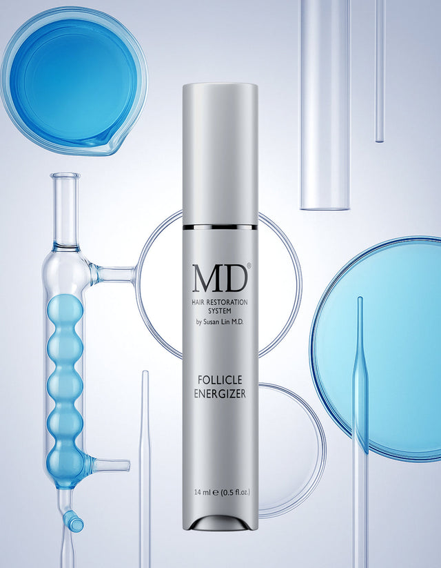Three-step MD Hair routine — calm the scalp, treat follicles, nourish from within
