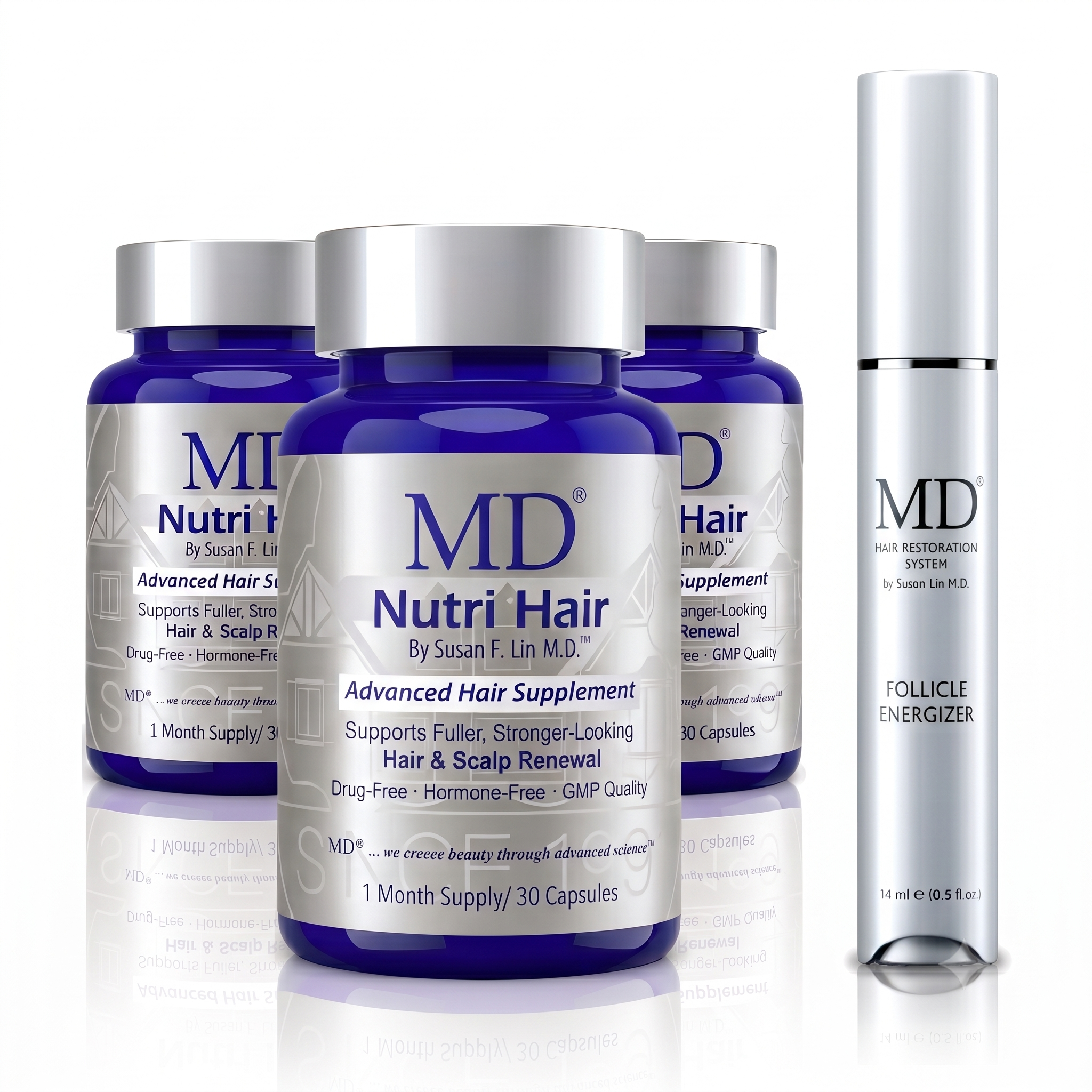 MD Hair Healthy Hair Bundle — three bottles of MD Nutri Hair with the MD Follicle Energizer 14 ml scalp serum