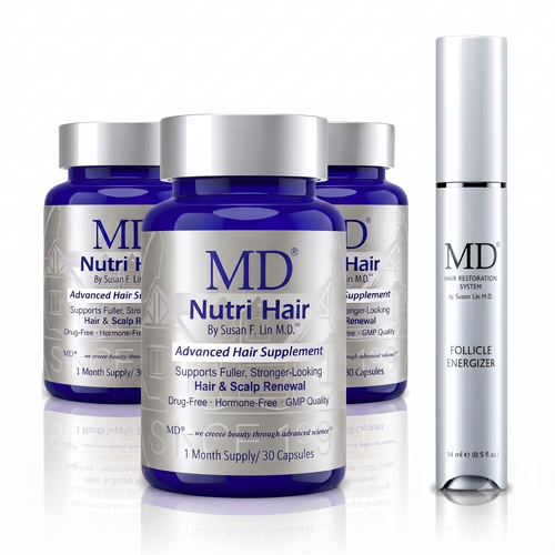 MD Hair Healthy Hair Bundle — three bottles of MD Nutri Hair with the MD Follicle Energizer 14 ml scalp serum