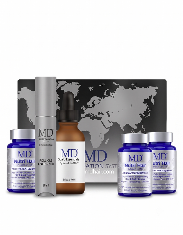 MD Hair Complete Restoration 90-Day — Scalp Essential, Follicle Energizer 28 ml and three bottles of MD Nutri Hair