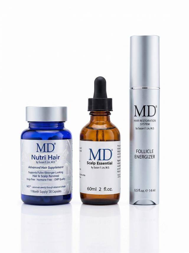 MD Hair Restoration Kit box with Scalp Essential, Follicle Energizer, and Nutri Hair