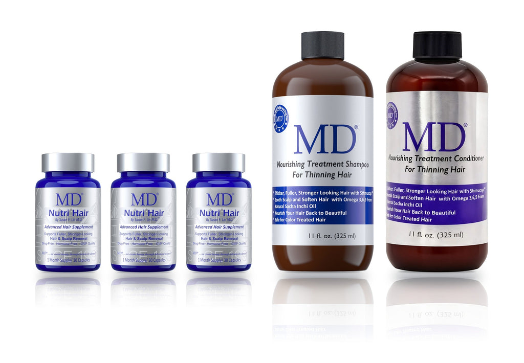 MD Hair Complete Wash & Nourish bundle — three MD Nutri Hair supplements with MD Revitalizing Shampoo and Conditioner