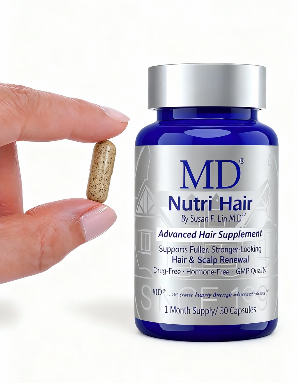 MD Nutri Hair capsule size shown in hand next to the 30-count bottle