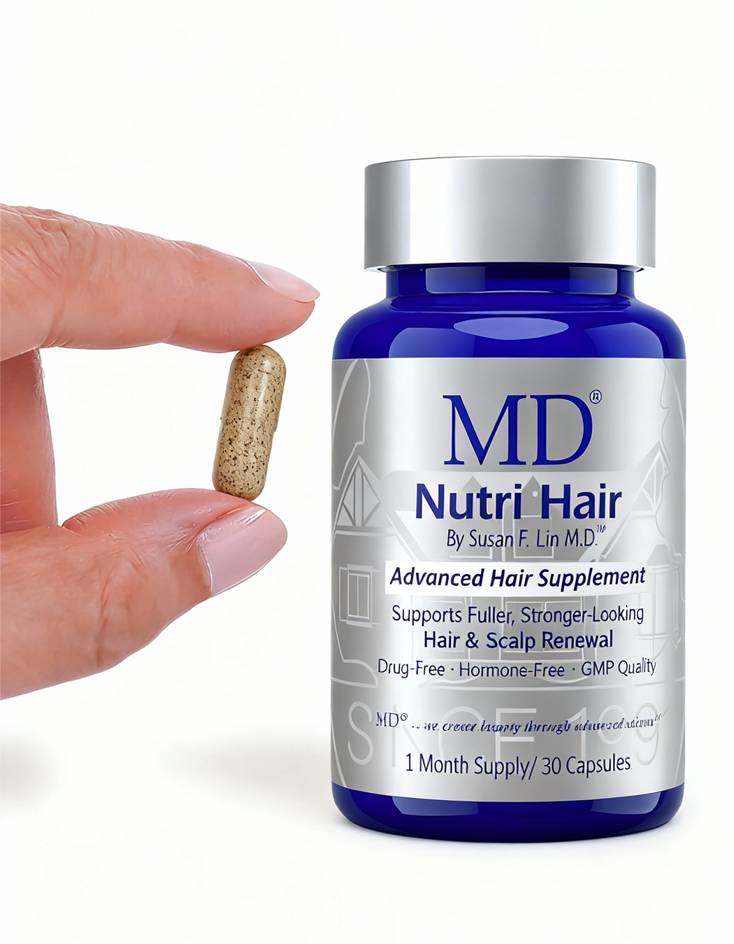 MD Nutri Hair capsule size shown in hand next to the 30-count bottle