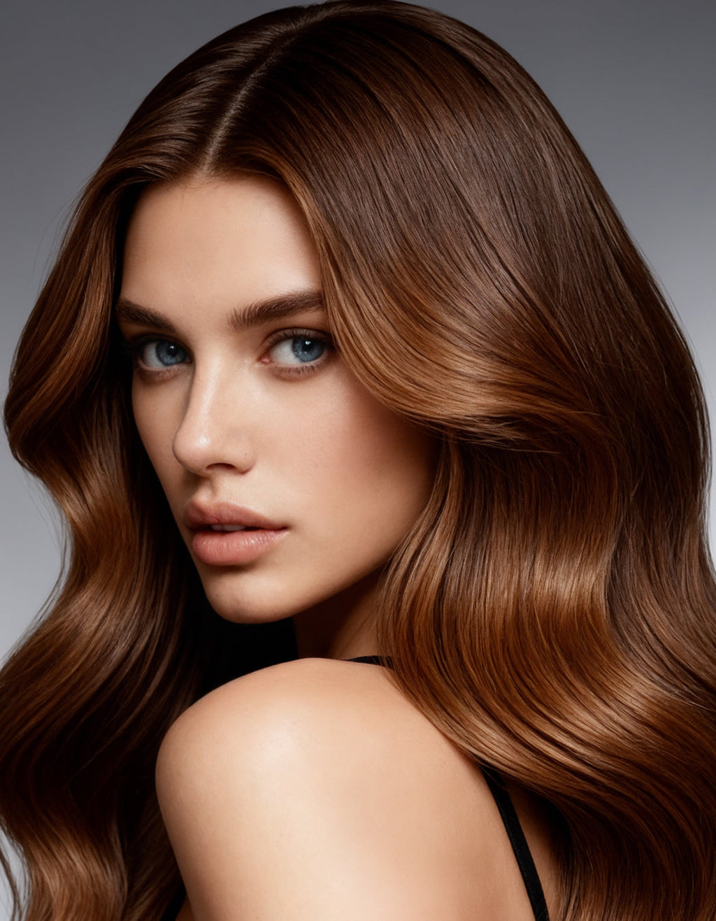 Woman with full healthy hair holding MD Nutri Hair, the drug-free supplement made in the USA