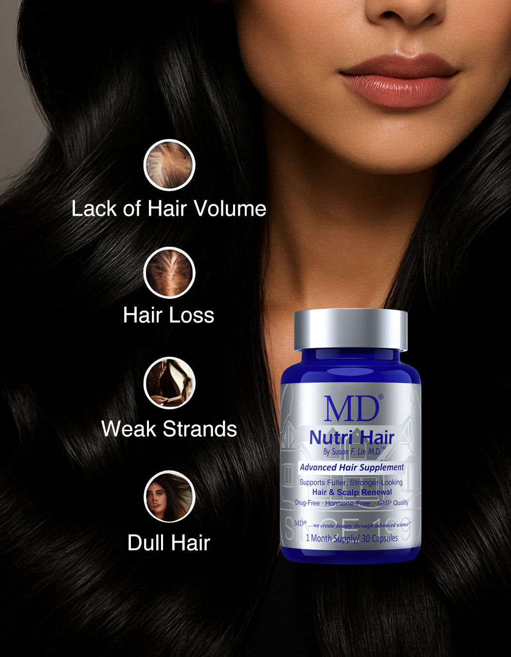 MD Nutri Hair benefits graphic — a daily capsule for thinning hair and loss of volume