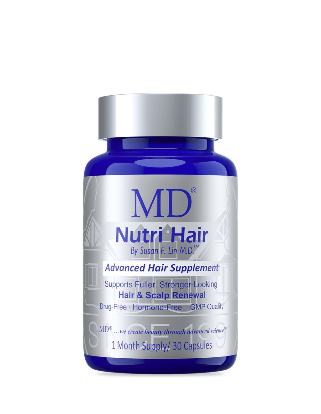MD Nutri Hair bottle — physician-formulated drug-free supplement that targets 5-alpha-reductase for hair density