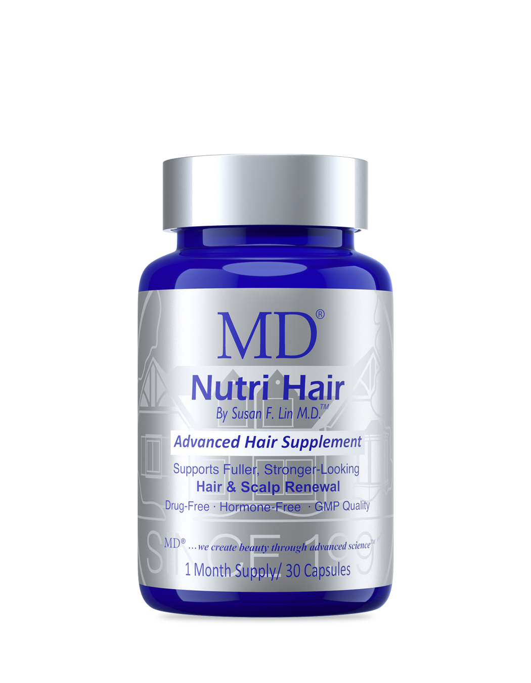 MD Nutri Hair bottle — physician-formulated drug-free supplement that targets 5-alpha-reductase for hair density