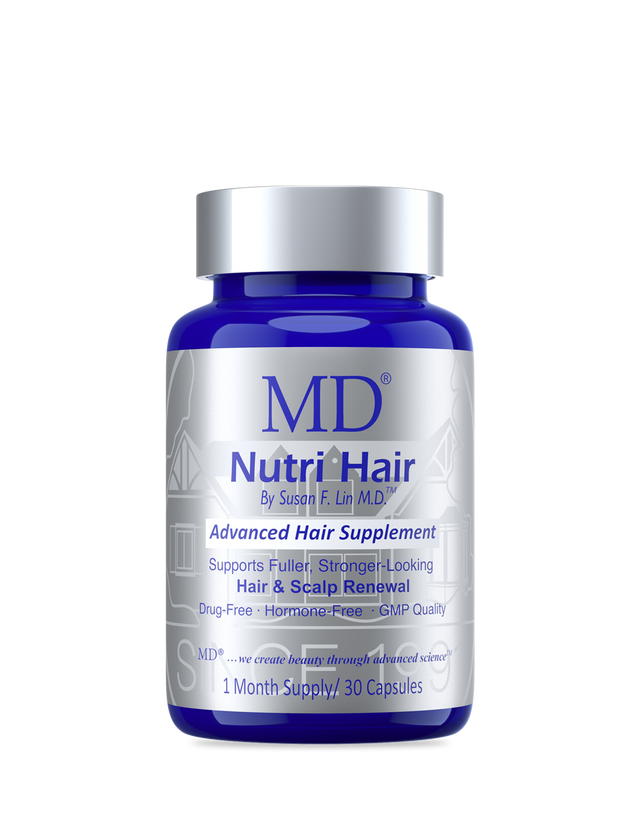 MD Nutri Hair bottle — physician-formulated drug-free supplement that targets 5-alpha-reductase for hair density