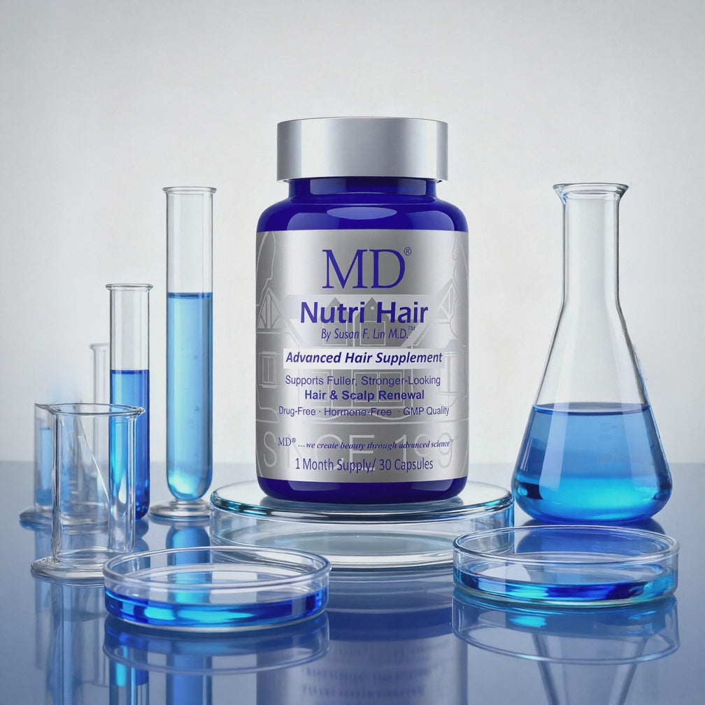 MD Nutri Hair™ product video — the drug-free, physician-formulated daily supplement with lilac stem-cell verbascoside for fuller, thicker-looking hair